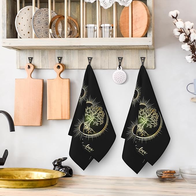 Live Laugh Love Kitchen Towels Set of 2 Absorbent Tree Life Hippie Witchy Aesthetic Cute Moon Dish Towels Tabletop Decor