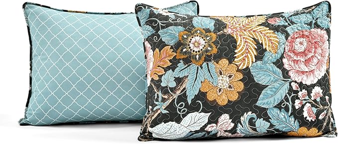 Lush Decor Sydney Reversible Cotton Quilt Set Queen 3 Piece Bedding, Black Blue