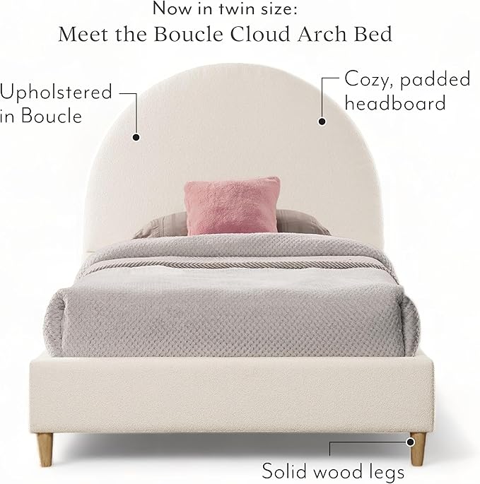 DG Casa Boucle Cloud Bed Frame with Arch Shaped Headboard, Upholstered in Soft Fabric, Platform Solid Wood Legs - Boho or Modern Style - No Box Spring Needed - Twin Size