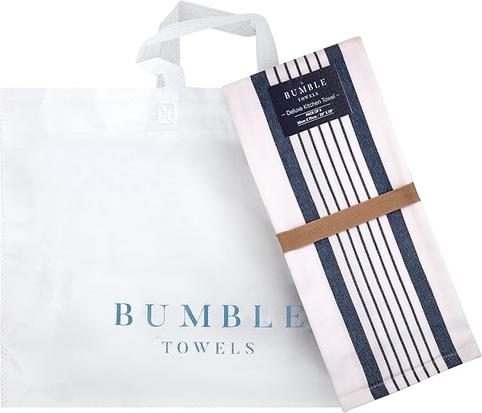 Premium Kitchen Towels 6 Pack Large Cotton Flat Terry Absorbent Tea Towels with Hanging Loop Navy Blue Striped 20x28