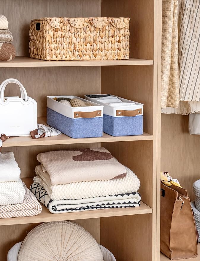 StorageWorks Narrow Storage Bins, Small Basket for Closet and Shelves, Fabric Organizer with Handles, Toilet Paper Storage, Blue and White, 2-Pack