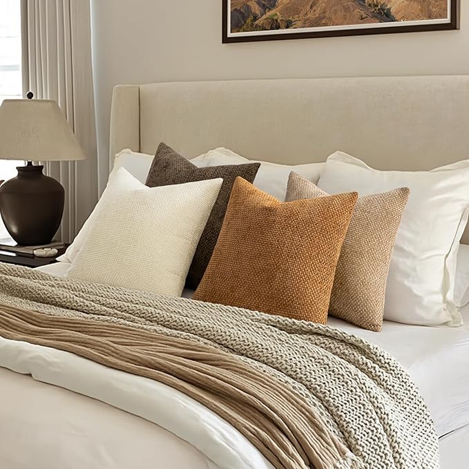 MIULEE Pack of 4 Brown Throw Pillow Covers 18x18 Inch Soft Fall Decorative Chenille Pillows Farmhouse Accent Cushions for Boho Home Decor Spring Bedroom Living Room