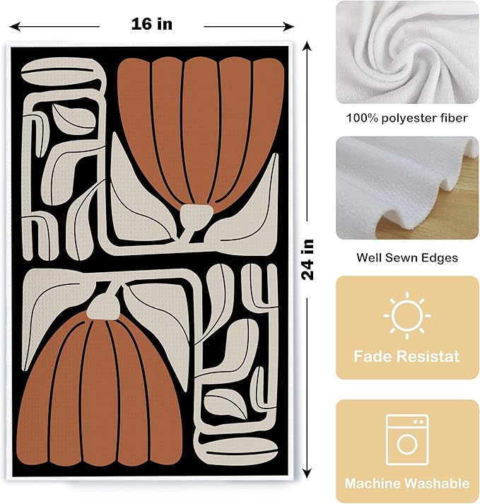 Boho Floral Kitchen Towels Botanical Waffle Weave Tea Towels Black and White Flowers