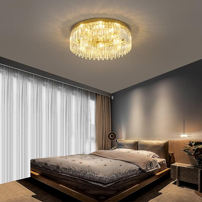 24in Gold Crystal Chandeliers Flush Mount Ceiling Light, 8 Lights Modern Crystal Ceiling Light, Large Round Chandelier Lighting Fixture for Dining Room Living Room Bedroom Kitchen
