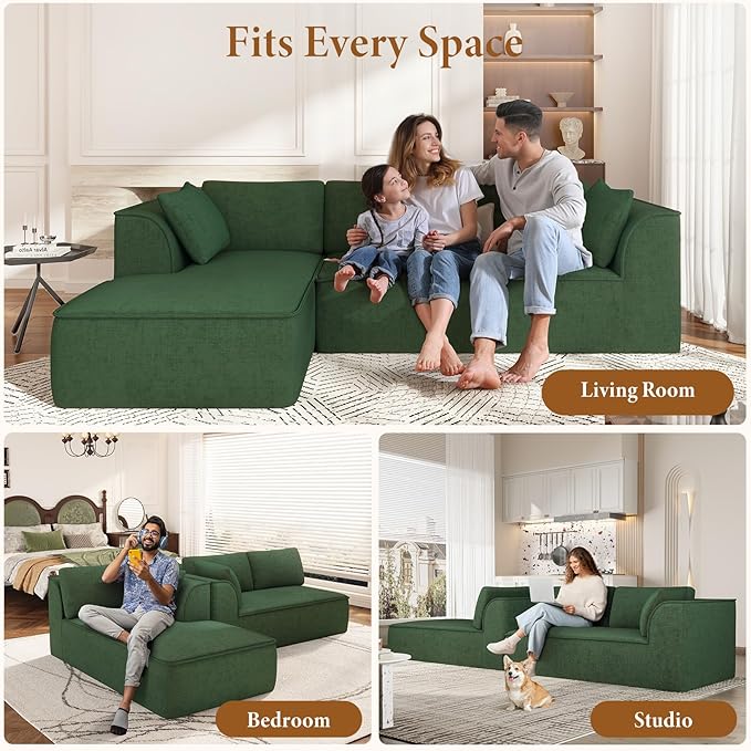 Vesgantti 106" Cloud Couch Sectional Modular Sofa, Deep Seat Comfy Cloud Couch Chenille Sofa Modular Couches for Living Room Bedroom, No Assembly Required (Green, Left-Facing Chaise)