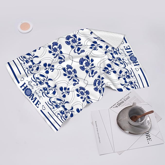 Boho Floral Dish Towels Set of 2 Absorbent Decorative Kitchen Towels, Blue