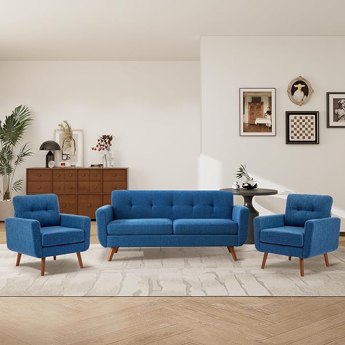 Tbfit Accent Chair, Reading Chair for Living Room & Bedroom, Mid Century Modern Arm Chair, Button Tufted Upholstered Accent Chairs Sofa with Solid Wood Frame (Blue)