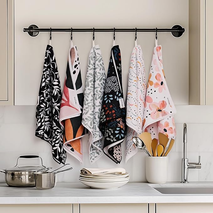 RECYCO Waffle Kitchen Towels Set of 2 Quick Dry Microfiber Sustainable Lightweight Hand Towels Black White Florals 16x28