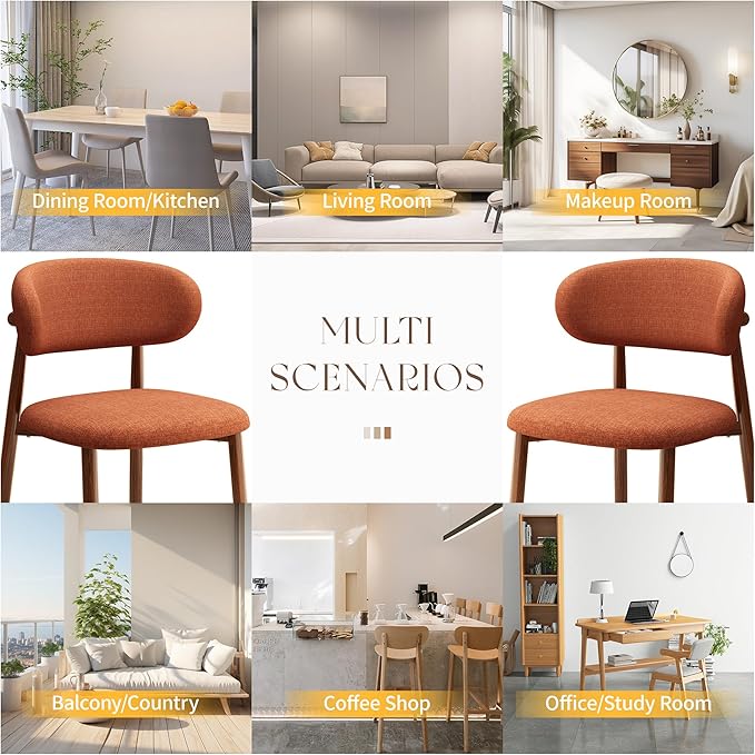 Kitchen Dining Chairs Set of 2 Modern Soft Linen Farmhouse Dining Room Chair with Metal Legs, Orange/Walnut