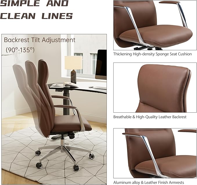 EUREKA ERGONOMIC Royal Slim Executive High Back Brown Leather Office Chair, Home Desk Chair for Adults, Big and Tall with Wheels, Swivel Rolling