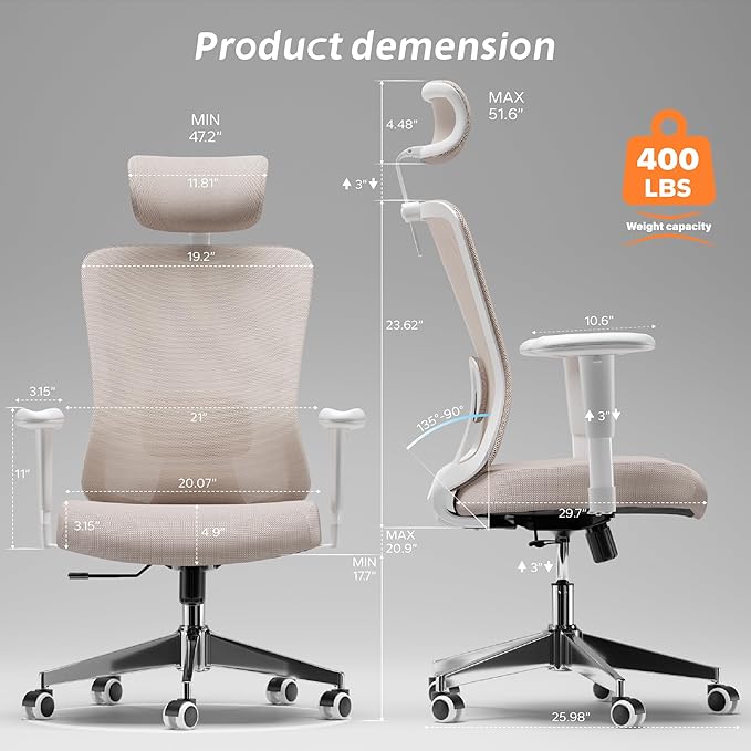 Ergonomic Office Chair with Adjustable Lumbar Support & Flip-Up Armrests - High Back Desk Chair with Thickened Seat Cushion, Rolling Wheels for Home/Office Study Work (05khaki)