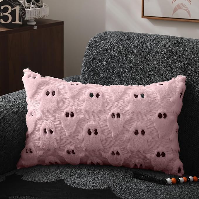 DFXSZ Halloween Pillow Covers 12x20 inch Set of 2 Pink Ghost Throw Pillow Cases Soft Plush Faux Fur Wool Cushion Case for Chair Bedroom Living Room Home Decor PTK03B12