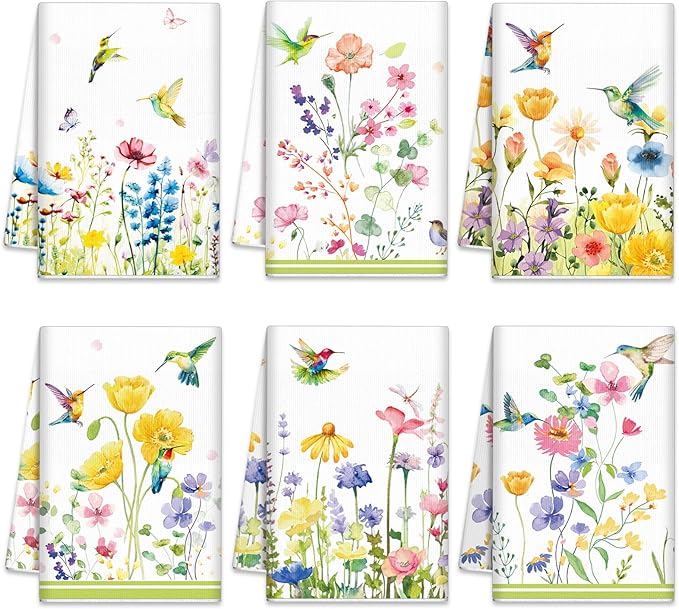 Oudain Kitchen Dish Towels Set of 6 Floral Wildflower Decorative Tea Towels Hand Towels Spring Housewarming Gift