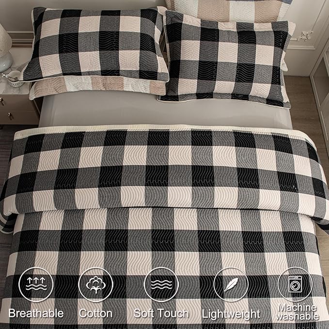 Cotton Plaid Quilt Set King 3 Piece Reversible Bedding, Grid Black White