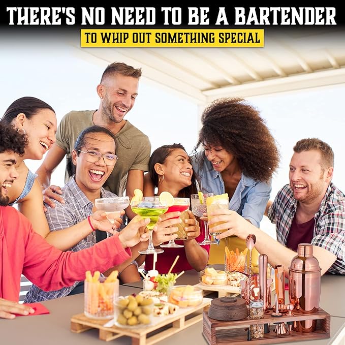 Bartender Kit with Whiskey Smoker - 13 pcs, Pine Stand - Bar Set with Cocktail Shaker, Bartending Kit with Essential Bar Accessory Tools, Wood Chips, Pink Gold
