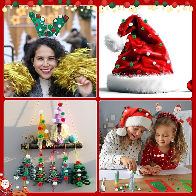 UPINS 600 Pcs Christmas Pom Poms Balls, Glitter Red Green White Craft Balls for Christmas Party DIY Creative Crafts Decorations Supplies (3 Size)