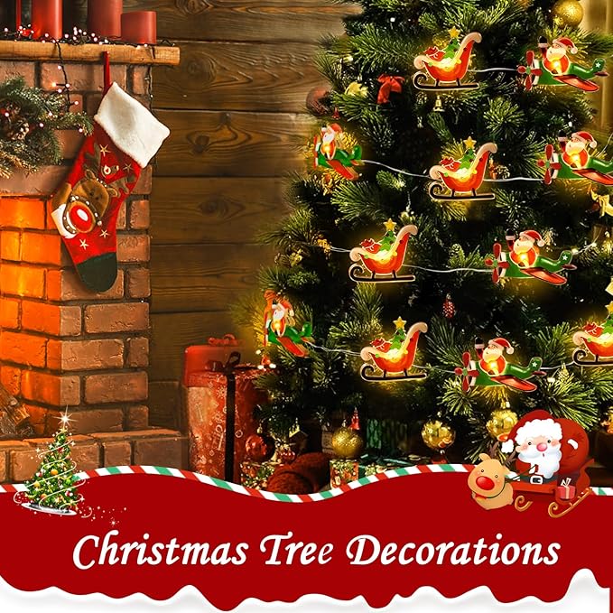 Coquimbo Christmas Lights Indoor Decorations, 10FT 30 LED Santa Claus Sleigh Christmas Tree String Lights Fairy Lights for Home Decor Xmas Tree Indoor Outdoor Holiday Party Decorations