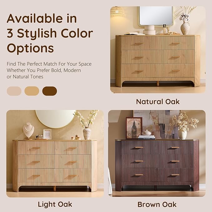 Fluted 6 Drawer Dresser for Bedroom with Curved Profile Design,53.9" W Chest of Drawers with Reeded Texture,Wide Storage Cabinet with Smooth-Glide Drawers,gold metal handle or Living Room,Brown Oak