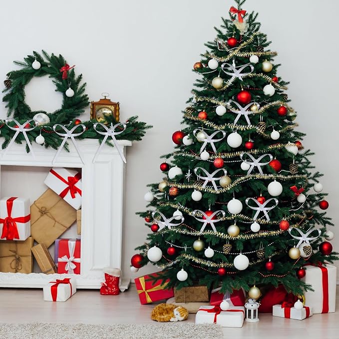 20 Pcs Christmas Metal Bow Ornaments with Clip, 5 x 6 Inch Christmas Bows Door Garland Decor Vintage Wreath Bow for Tree, Wreath, Gift Wrapping (20, White)