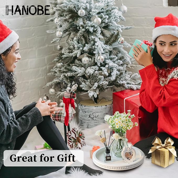 Hanobe Decorative Tray: White Beaded Round Serving Tray Modern Farmhouse Wooden Circle Centerpiece Tray Decor for Home Living Dining Room Kitchen Counter Bathroom