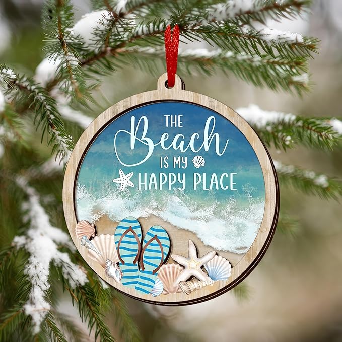 Beach Gifts for Women Men - Wooden Christmas Ornaments 2025 for Tree Decorations - Beach Themed Gifts for Mom Dad Family Friends Couple, Beachy Coastal Decor for Christmas Decorations