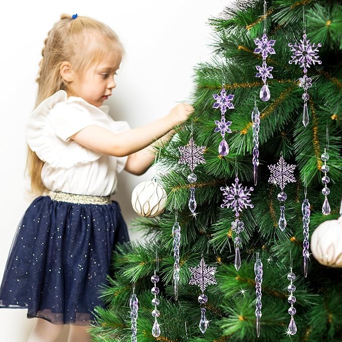 18pcs Crystal Christmas Ornaments for Christmas Tree Decorations-Purple Hanging Acrylic Snowflake and Icicle Ornaments with Drop Pendants for New Year Party Decorations Supplies
