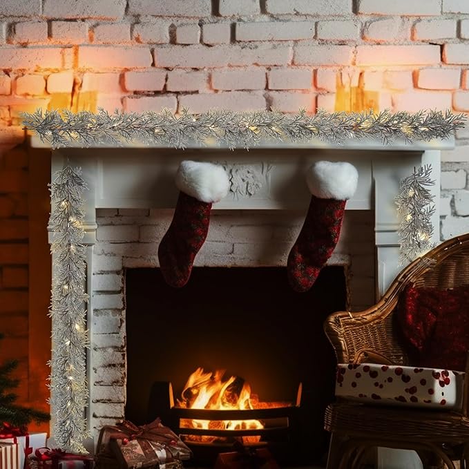 6 FT Silver Artificial Christmas Garland, Faux Spruce Evergreen Garland with 20 LED Lights, Lighted with Timer, Perfect for Christmas Indoor Outdoor Decoration