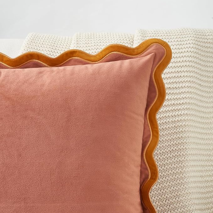 MONDAY MOOSE Decorative Throw Pillow Covers Cushion Cases, Set of 2 Soft Velvet Scalloped Wavy Edge Designs, Mix and Match for Home Decor, Pillow Inserts Not Included (Honey/Pink, 20x20 inch)