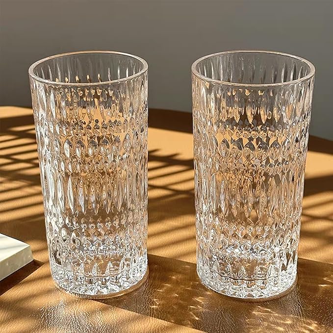 Highball Glasses Set of 4 15oz Vintage Glass Cups Fits Dinner Party - Unique Texture, Dishwasher Safe