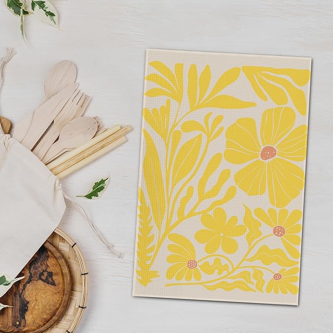 Boho Floral Dish Towels Vintage Abstract Flowers Waffle Weave Yellow Flower
