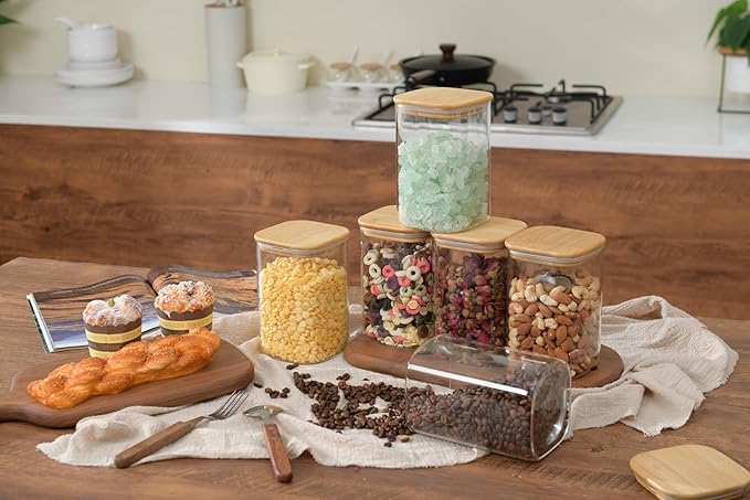 37oz Airtight Glass Square Storage Canisters with Bamboo Lid Set of 6 (1100ml) Stackable Containers, Kitchen Jars for Pantry Noodles, Flour and Coffee beans (with Black Lable)