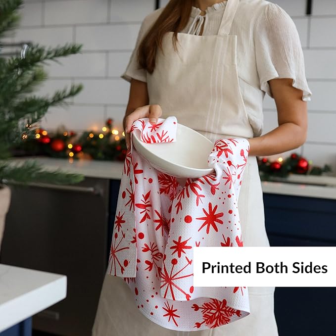 Christmas Dish Towels Holiday Kitchen Towels Tea Towels Decorative Red Snowflake Set