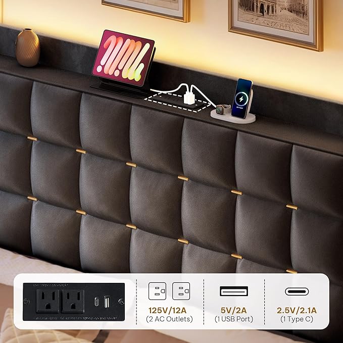 DWVO Queen Size Bed RGB LED Lights, Velvet Upholstered Platform Bed, Grey