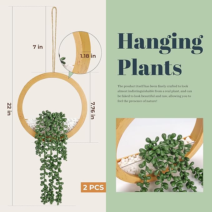 Der Rose 2 Pack Boho Wall Decor Fake Plants 15" Hanging Artificial Succulents Plants for Bohemian Living Room Bathroom Accessories