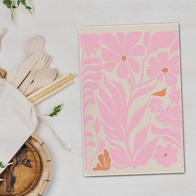 Boho Floral Dish Towels Vintage Abstract Flowers Waffle Weave Kitchen Towels Pink Flower