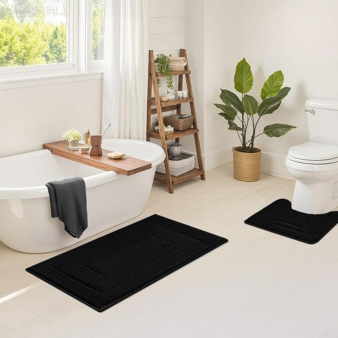 GRANNY SAYS Large Bathroom Rugs Non Slip Washable, 24" x 43", Water Absorbent Bath Mats for Bathroom, Thick Soft Shaggy Bath Rug, Microfiber Shower Room Floor Mat Decor, Black