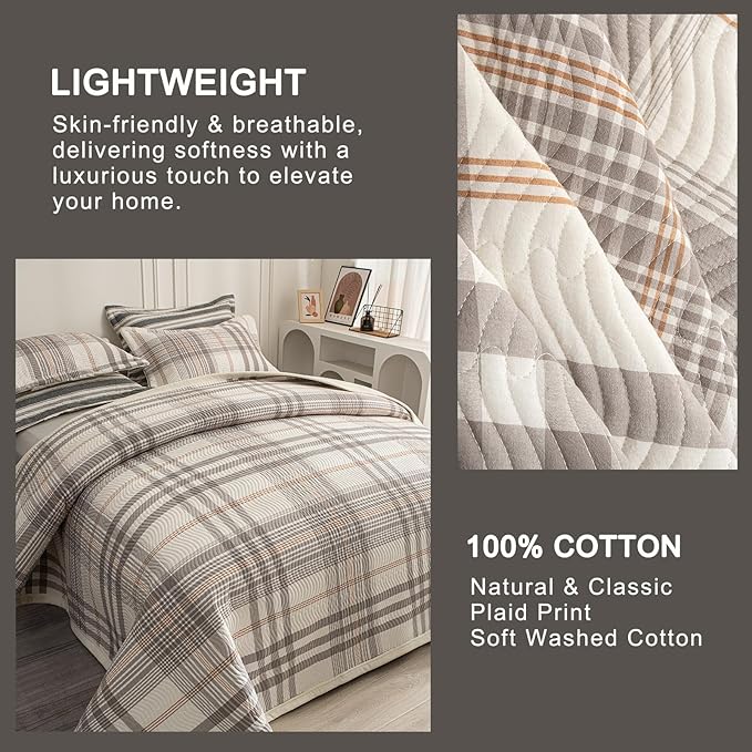 Cotton Plaid Quilt Set King 3 Piece Lightweight Reversible Bedding, Grid Grey White