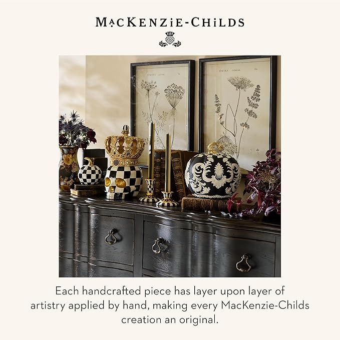 MACKENZIE-CHILDS Crowned Skull, Resin Halloween Home Decor, Pink-and-White Rosy Check