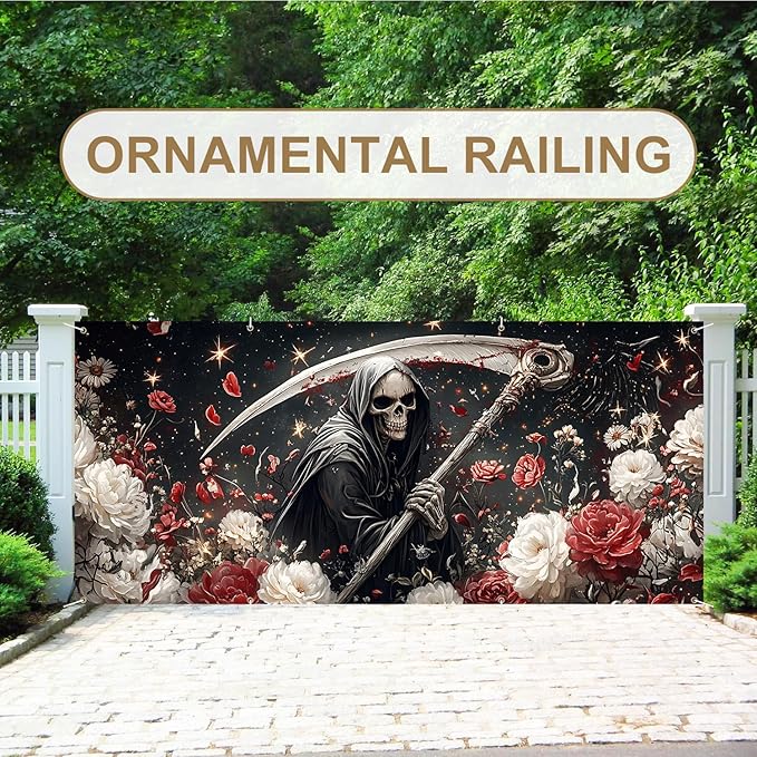 6 x 13 ft Halloween Garage Door Decorations Halloween decorations Witch Door Cover, Hanging Banner, Cauldron Backdrop Mural for Home, Outdoor, Indoor, Spooky Party, Wall, Window (Scythe-1)