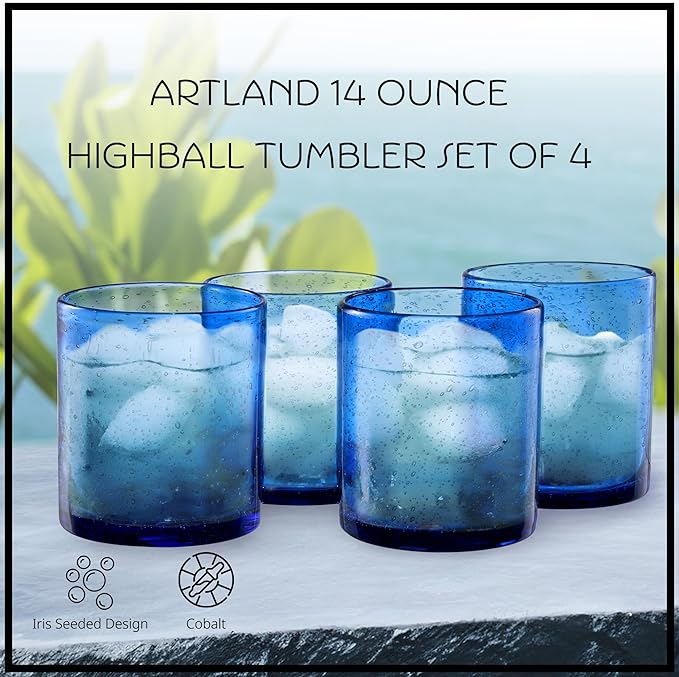 Artland 14oz Double Old Fashion Glass, Set of 4 | Iris Seeded Design, Cobalt Blue | Drinking Glass for Parties and Everyday Use - Mojito, Whiskey, Cocktail | Glassware & Barware Essentials
