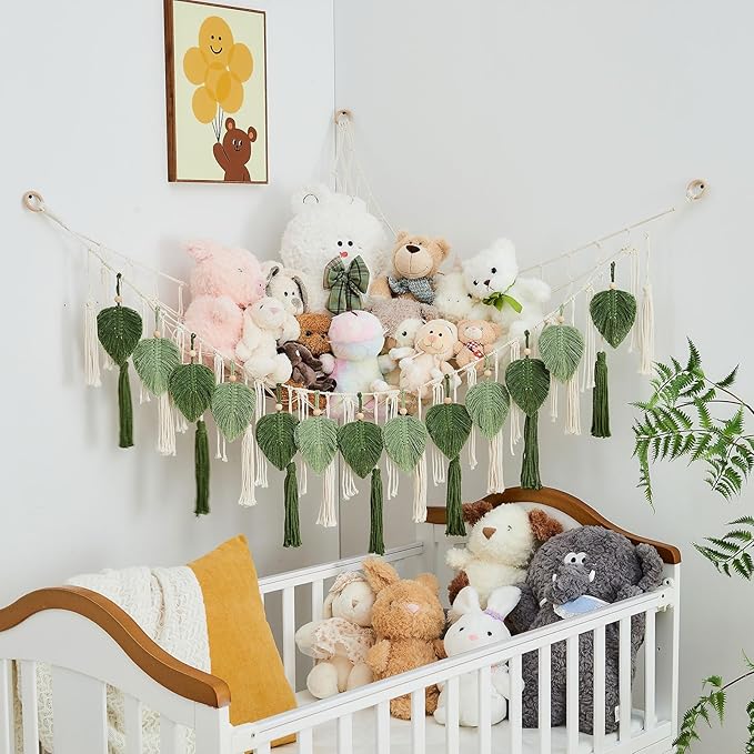 Pretty Jolly Stuffed Animal Storage with Hand Woven Leaf Tassels Hammock Corner Hanging Net Boho Macrame Plush Storage for Toys Kid Room Wall Nursery Decor for Girls Gift (Sage Green&Avocado Green)