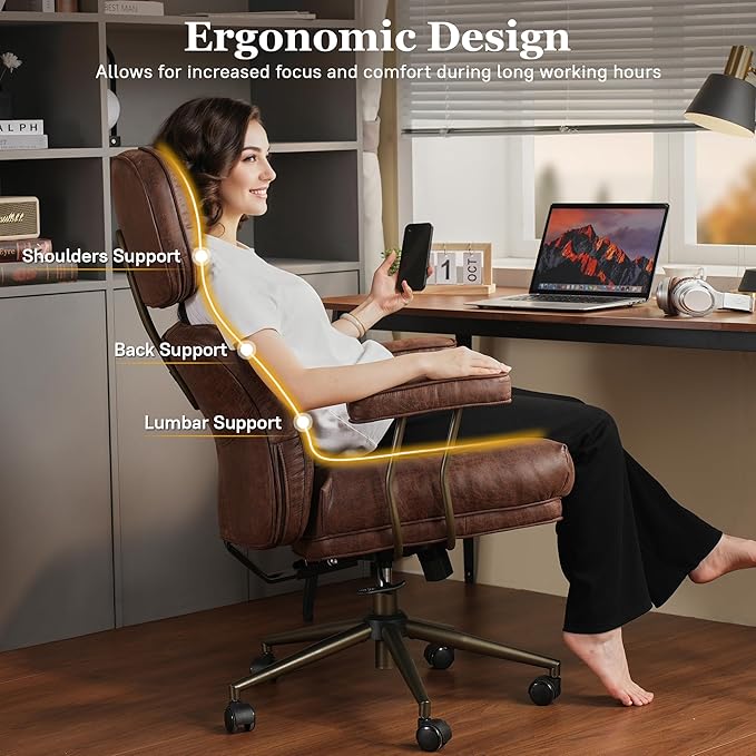 Mid Century Modren Large Office Chair, Big and Tall Ergonomic Executive Chair for Heavy Duty People, Desk Task Chair with Wheels, Faux Lether Fabric Wide Chair for Home Sturdy,Dark Brown