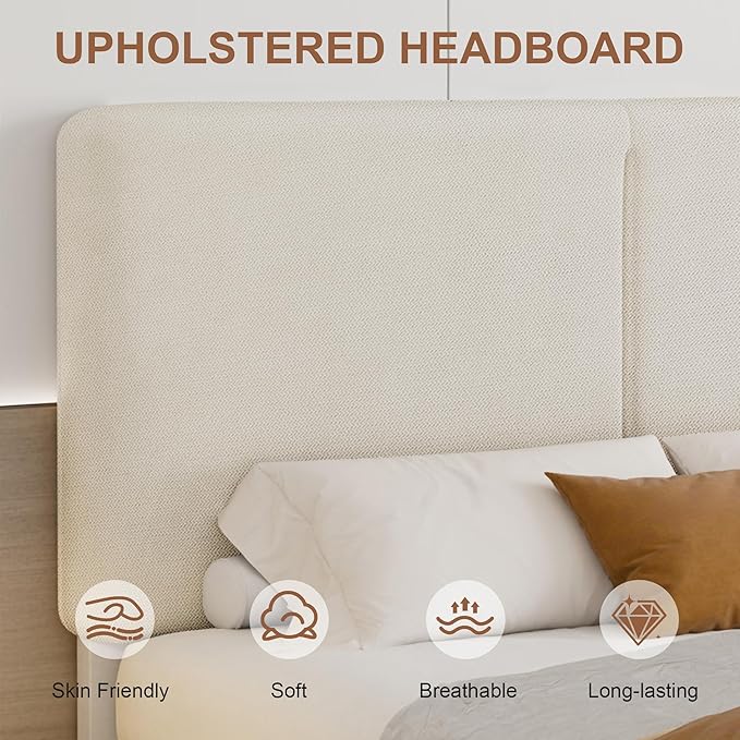VECELO Full Bed Frame Upholstered Platform Beds with Height-Adjustable Cotton and Linen Headboard, Heavy Duty Wood Slats, 6" Under-Bed Space, Noise-Free, No Box Spring Needed,Easy Assembly