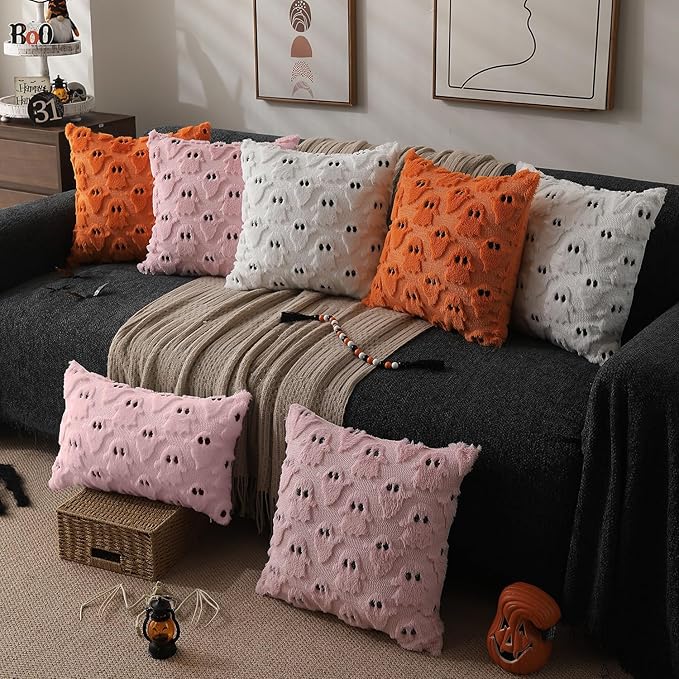DFXSZ Halloween Pillow Covers 12x20 inch Set of 2 Pink Ghost Throw Pillow Cases Soft Plush Faux Fur Wool Cushion Case for Chair Bedroom Living Room Home Decor PTK03B12