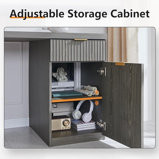 JXQTLINGMU 58" Modern Executive Desk with Storage, Wood Home Office Desk with Drawer & Cabinet, Fluted Computer Writing Desk for Study, Living Room, Bedroom, Grayish Green