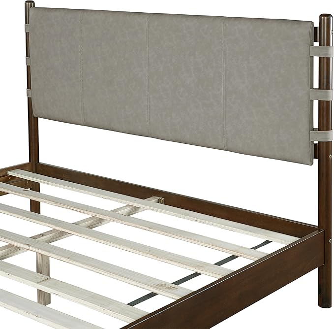 Premium Rubber Wood Platform Bed Frames, Queen Size Headboard Included, Mid Century Modern Bed, Walnut+Light Grey