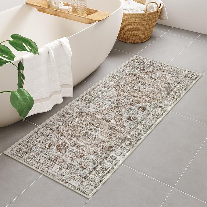Uphome Bathroom Runner Rug, Distressed Tribal Farmhouse Khaki Bathroom Mat, Large Bathroom Rugs Non Slip Washable, Oriental Retro Boho Bath Mat Runner for Bathtub Sink Hallway, 24x59 inch