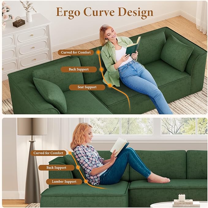 Vesgantti 106" Cloud Couch Sectional Modular Sofa, Deep Seat Comfy Cloud Couch Chenille Sofa Modular Couches for Living Room Bedroom, No Assembly Required (Green, Left-Facing Chaise)