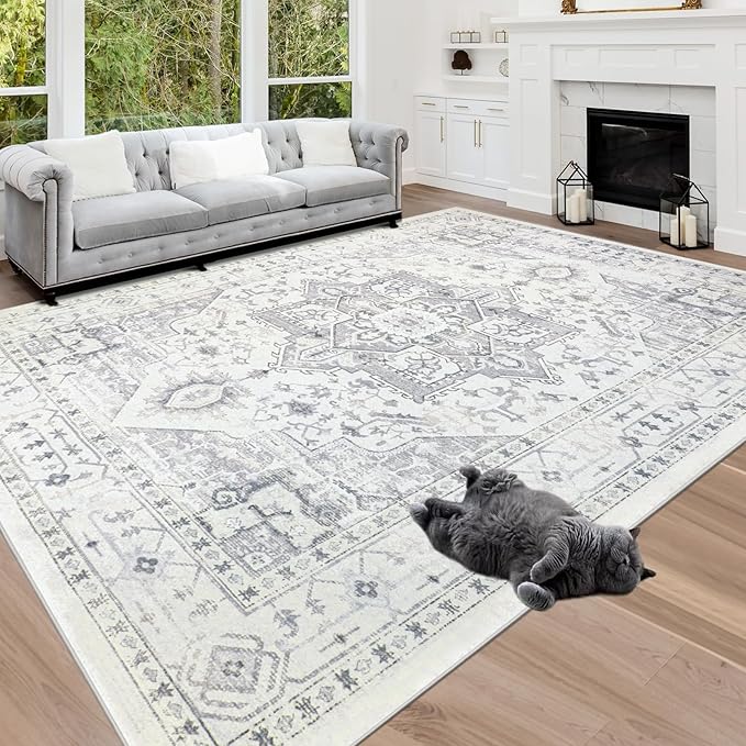 Area Rug 8x10 Washable Area Rugs for Living Room,Bedroom, Dining Room- Ultra Soft Non-Shedding Faux Wool Retro Rugs,Large Vintage Carpets with Non Slip Rubber Backing for Farmhouse Home Office