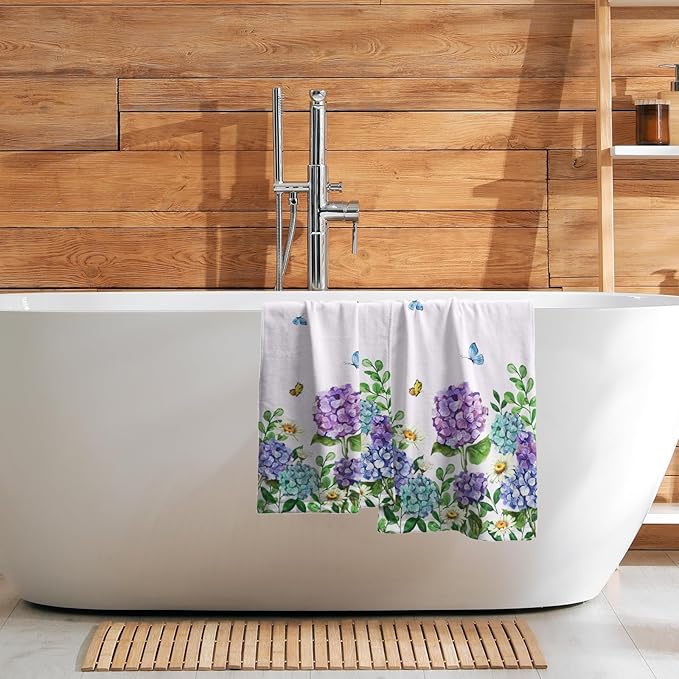 Hydrangea Daisy Kitchen Towels Set of 2 Blue Purple Floral Butterfly Absorbent Hand Tea Dish Towels Green Leaf 16x24 Tabletop Decor